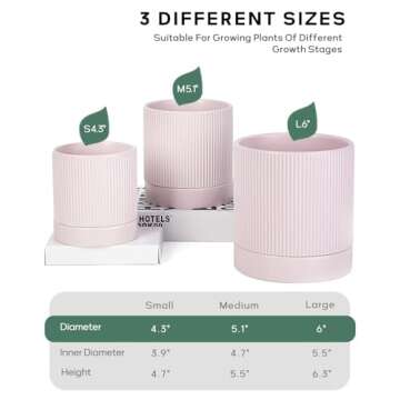 LaDoVita 3 Pack Ceramic Plant Pots 6/5/4 inch, Flowerpot for Indoor Plants with Drainage Holes and Tray, Outdoor Garden Planters, Modern Decorative for Home, Pink Vertical Stripes