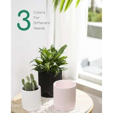 LaDoVita 3 Pack Ceramic Plant Pots 6/5/4 inch, Flowerpot for Indoor Plants with Drainage Holes and Tray, Outdoor Garden Planters, Modern Decorative for Home, Pink Vertical Stripes