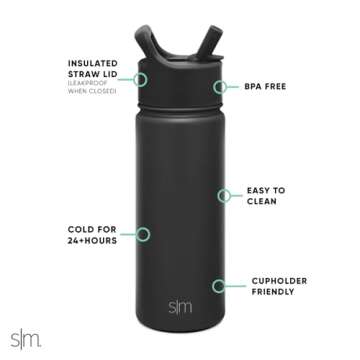 Simple Modern Kids Water Bottle with Straw Lid Vacuum Insulated Stainless Steel Metal Thermos Bottles | Reusable Leak Proof BPA-Free Flask for School | Summit Collection | 18oz, Midnight Black