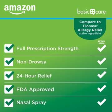 Amazon Basic Care 24-Hour Allergy Relief Nasal Spray, Fluticasone Propionate (Glucocorticoid) 50 mcg, Full Prescription Strength, Non-Drowsy, 0.62 fl oz (Pack of 3)