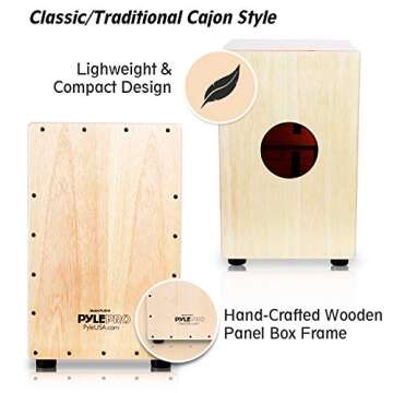 Pyle Jam Wooden Cajon, Handcraft Compact and Lightweight Percussion Box with Internal Guitar Strings, Rubber Capped Feet, Suitable for All Ages, (PCJD18)