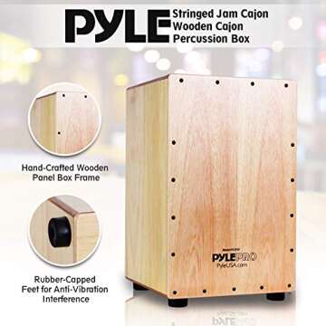 Pyle Jam Wooden Cajon, Handcraft Compact and Lightweight Percussion Box with Internal Guitar Strings, Rubber Capped Feet, Suitable for All Ages, (PCJD18)