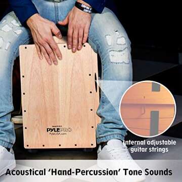 Pyle Jam Wooden Cajon, Handcraft Compact and Lightweight Percussion Box with Internal Guitar Strings, Rubber Capped Feet, Suitable for All Ages, (PCJD18)