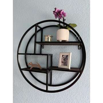 Admired By Nature, 18" Mounted Iron Circle Hanging Storage Shelving Floating Shelf 4 Tier Floating Circular Wall Decor Round Decorative Hanging Shelves, Sphere Shape Wall Shelf For Home, Black, 1 unit