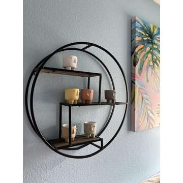 Admired By Nature, 18" Mounted Iron Circle Hanging Storage Shelving Floating Shelf 4 Tier Floating Circular Wall Decor Round Decorative Hanging Shelves, Sphere Shape Wall Shelf For Home, Black, 1 unit