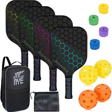 JoncAye Pickleball-Paddles-Set-of-4, Light Pickle-Ball-Raquette-Set with Outdoor Indoor Balls, Paddle Bag, Ball Bag | Fiberglass Rackets with Accessories for Adults, Pickleball Gifts for Men Women