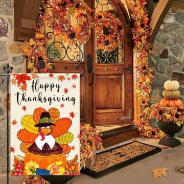 Happy Thanksgiving Garden Flags 12x18 Inch Double Sided Turkey Fall Garden Flag, Thanksgiving Decor Flags Autumn Harvest Yard Thanksgiving Outdoor Decoration