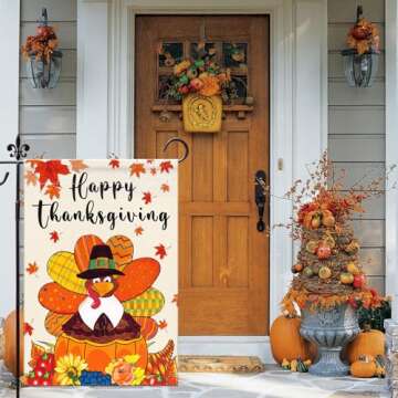 Happy Thanksgiving Garden Flags 12x18 Inch Double Sided Turkey Fall Garden Flag, Thanksgiving Decor Flags Autumn Harvest Yard Thanksgiving Outdoor Decoration