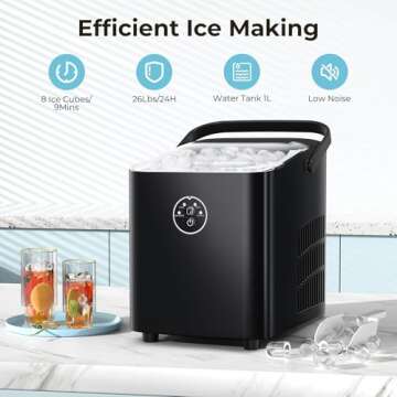 Xbeauty Countertop Ice Maker with Handle, 9 Bullet Ice Ready in 6 Mins, Self-Cleaning Portable Ice Machine with Basket and Scoop, 2 Sizes of Bullet Ice for Outdoor Camping/Bar/Party/Kitchen, Black