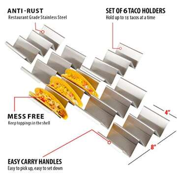 Fiesta Kitchen Taco Holder Stand - Set of 6 - Oven & Grill Safe Stainless Steel Taco Racks With Handles - Fill & Serve Tacos With Ease - Taco Stand Trays