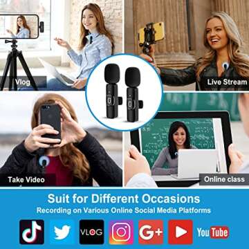 JYX 2 Pack Wireless Lavalier Microphones for iPhone,iPad - Professional Click On Microphones for Recording,Lapel Mic 2.4G Ultra-Low Delay Built-in Noise Reduction Chip for Podcasts,Vlog