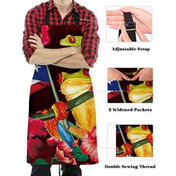 Frog Puerto Rico Flag Kitchen Aprons with Pockets Waterproof, Trunk Blooming Flower Adjustable Bib Chef Aprons for Cooking