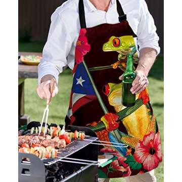 Frog Puerto Rico Flag Kitchen Aprons with Pockets Waterproof, Trunk Blooming Flower Adjustable Bib Chef Aprons for Cooking