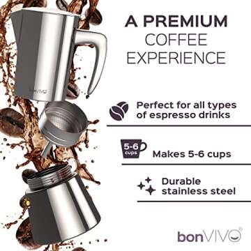 bonVIVO Intenca Stovetop Espresso Maker - Luxurious Italian Coffee Machine Maker, Stainless Steel Espresso Maker Full Bodied Coffee, Espresso Pot For 5-6 Cups, 10 oz Moka Pot Red Finish