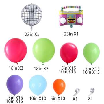 Back to 80s 90s Party Decorations, Disco Balloon Garland Arch Kit, Disco Radio Foil Balloon Hot Pink Green Purple Blue Orange Balloons for Retro Party Decorations Hip Hop Rock Photo Props Backdrop