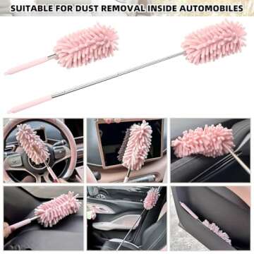 2Pcs Car Interior Duster with Extension Pole Soft Dash Vent Dusting Detailing Wash Brushes with Long Handle Duster Cleaner Tool New Car Must Haves Cleaning Supplies (Pink)