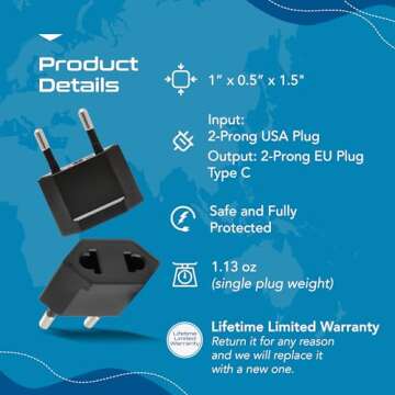 Ceptics European Plug Adapter Type C Power Adaptor, Convert from America Type A USA to EU Europe Asia Italy Plug Outlet Adapters Adaptor (6 Pack) (6PK-AE)