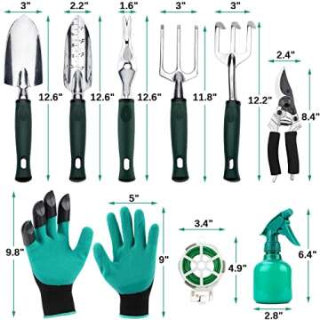 INNO STAGE Gardening Tools Set and Organizer Tote Bag with 10 Piece Garden Hand Tools, Vegetable Garden Set with Garden Digging Claw Gardening Gloves-Green