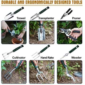 INNO STAGE Gardening Tools Set and Organizer Tote Bag with 10 Piece Garden Hand Tools, Vegetable Garden Set with Garden Digging Claw Gardening Gloves-Green