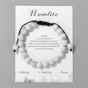 Howlite Bracelet for Women 8mm Dainty Handmade Adjustable Howlite Beaded Bracelet Healing Crystal Bracelet White Bead Bracelet Gemstone Bracelets Howlite Jewelry for Women Men