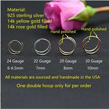 Double Nose Ring Hoop for Single Piercing, 14k Gold Filled or Sterling Silver Spiral Twist Nose Hoop for Women Men (Rose Gold Filled, 1pc - 20g - 6mm -Left Side)