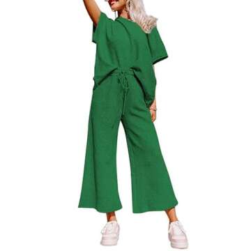 SHEWIN Two Piece Outfits for Women Lounge Sweat Set Casual Short Sleeve Crewneck Shirts Loose Pants Loungewear Matching Pajamas Sets 2025 Summer Trendy Clothes Tracksuits Green M