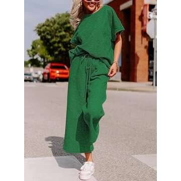 SHEWIN Two Piece Outfits for Women Lounge Sweat Set Casual Short Sleeve Crewneck Shirts Loose Pants Loungewear Matching Pajamas Sets 2025 Summer Trendy Clothes Tracksuits Green M