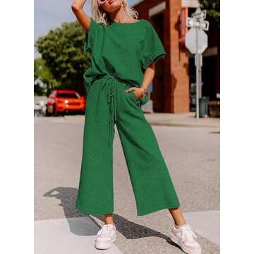 SHEWIN Two Piece Outfits for Women Lounge Sweat Set Casual Short Sleeve Crewneck Shirts Loose Pants Loungewear Matching Pajamas Sets 2025 Summer Trendy Clothes Tracksuits Green M