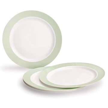 " OCCASIONS " 50 Plates Pack (25 Guests)-Wedding Party Disposable Plastic Plate Set -25 x 10.5'' Dinner + 25 x 7.5'' Salad/Dessert plates (Rio, in White & Pearled Green)