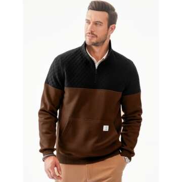 Dokotoo Men Men's Fall Quilted Sweatshirt Casual Long Sleeve Outdoor Mock Neck Quarter Zip Sweaters Lightweight Color Block Sweatshirts with Pockets Coffee Small