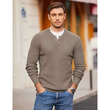 COOFANDY Men Henley Button Sweater Lightweight Soft Basic Shirts Sweater Knitted Fashion Business Formal Sweater Beige