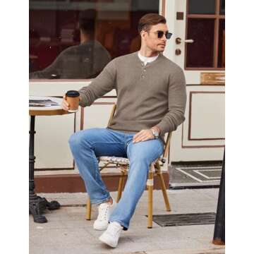 COOFANDY Men Henley Button Sweater Lightweight Soft Basic Shirts Sweater Knitted Fashion Business Formal Sweater Beige