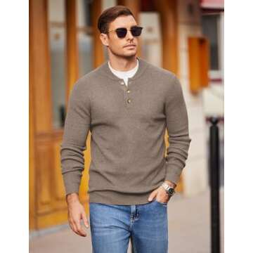 COOFANDY Men Henley Button Sweater Lightweight Soft Basic Shirts Sweater Knitted Fashion Business Formal Sweater Beige