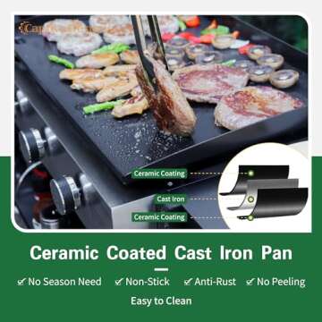 Captiva Designs 22 in Flat Top Grill with Ceramic Coated Cast Iron Pan, Portable Tabletop Propane Gas Griddle Grill for Camping, Outdoor & Tailgating Barbecue, 24,000 BTU Output, 3 Burners