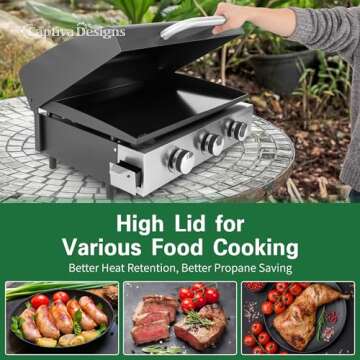 Captiva Designs 22 in Flat Top Grill with Ceramic Coated Cast Iron Pan, Portable Tabletop Propane Gas Griddle Grill for Camping, Outdoor & Tailgating Barbecue, 24,000 BTU Output, 3 Burners