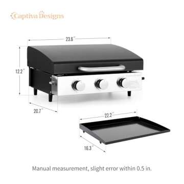 Captiva Designs 22 in Flat Top Grill with Ceramic Coated Cast Iron Pan, Portable Tabletop Propane Gas Griddle Grill for Camping, Outdoor & Tailgating Barbecue, 24,000 BTU Output, 3 Burners