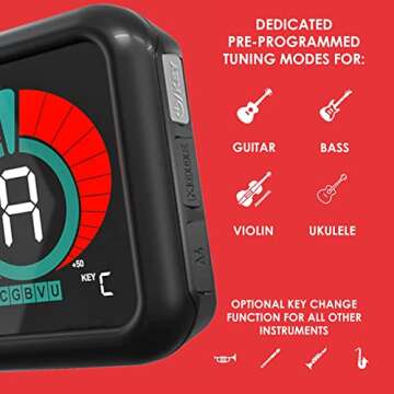 KLIQ UberTuner - Professional Clip-On Tuner for All Instruments (multi-key modes) - with Guitar, Ukulele, Violin, Bass & Chromatic Tuning Modes (also for Mandolin and Banjo)