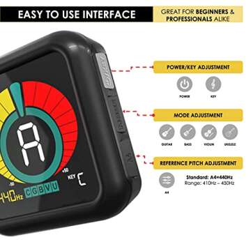 KLIQ UberTuner - Professional Clip-On Tuner for All Instruments (multi-key modes) - with Guitar, Ukulele, Violin, Bass & Chromatic Tuning Modes (also for Mandolin and Banjo)