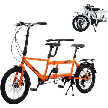 Adult Tandem Bike - City Tandem Folding Bicycle, Foldable Tandem Adult Beach Cruiser Bike with 7 Speeds, Adjustable 2-Seater Height - Sturdy and Durable