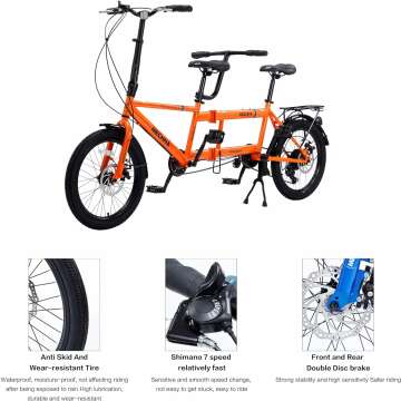 Adult Tandem Bike - City Tandem Folding Bicycle, Foldable Tandem Adult Beach Cruiser Bike with 7 Speeds, Adjustable 2-Seater Height - Sturdy and Durable