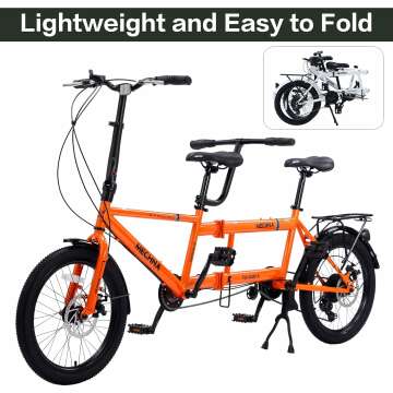 Adult Tandem Bike - City Tandem Folding Bicycle, Foldable Tandem Adult Beach Cruiser Bike with 7 Speeds, Adjustable 2-Seater Height - Sturdy and Durable