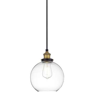 Linea di Liara Primo Large Black and Gold Glass Globe Pendant Light Fixture Farmhouse Pendant Lighting for Kitchen Island Mid Century Modern Ceiling Light Clear Glass Shade, UL Listed