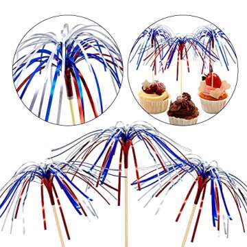 PheiLa Firework Picks 100 Pack 4th of July Cocktail Picks Patriotic Decorative Red White Blue Firework Picks Cupcake Drink Sticks Independence Day Party Supplies