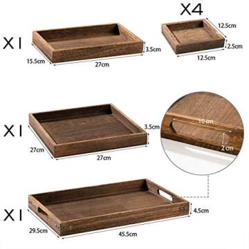 Yangbaga Rustic Wooden Serving Trays with Handle - Set of 7 Rectangular Platters for Entertaining, Breakfast, Coffee Table, Home Decor