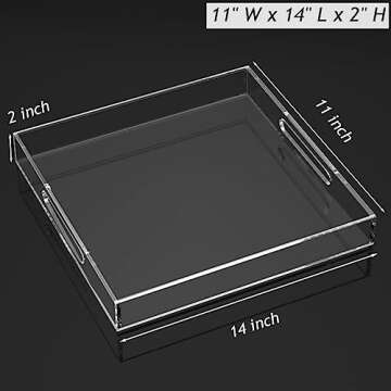 Clear Acrylic Serving Tray with Handle, 11x14 Acrylic Trays for Serving, Organizing, Home Decor, Entertaining, Coffee Table, Ottoman, Bathroom, Desset Table