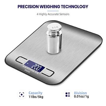 BAGAIL BASICS Digital Kitchen Scale, Premium Stainless Steel Food Scales Weight Grams and Oz for Baking and Cooking, 11lb/5kg with 0.1oz/1g Precision