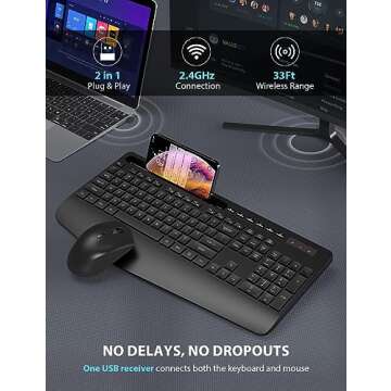 Wireless Keyboard and Mouse Combo - Full-Sized Ergonomic Keyboard with Wrist Rest, Phone Holder, Sleep Mode, Silent 2.4GHz Cordless Keyboard Mouse Combo for Computer, Laptop, PC, Mac, Windows -Trueque