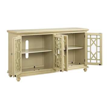 Martin Svensson Home Orsey 63" Solid Wood TV Stand - Antique Cream White Finish - Rustic Style and Parisian Design Inspired - with Two Spacious Cabinets with Adjustable Shelves for Storage.