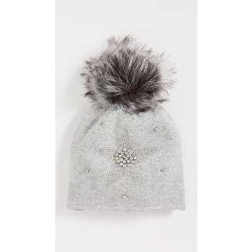 Adrienne Landau Women's Wool Blend Hat with Star & Pom, Grey, One Size