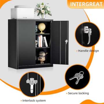 INTERGREAT Metal Storage Cabinet with Locking Doors, Lockable Cabinet with 2 Doors and Shelves, Black Cabinet with Lock, Small Steel Cabinet for Office, Garage, Home, Shop